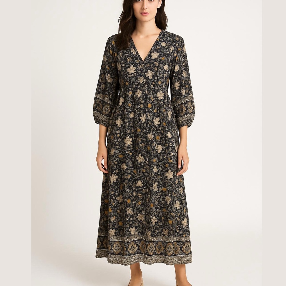 Lovestitch Boho Floral Dress in Black, White, and Tan